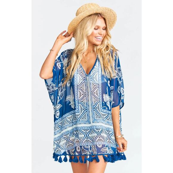 SHOW ME YOUR MUMU Shook Tassel Tunic Blue Short Sleeve Floral Sheer Size Small - Picture 1 of 6
